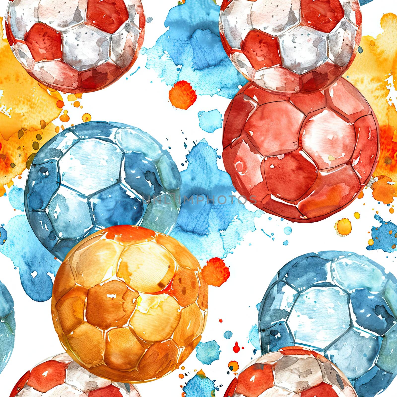 Colorful soccer balls in red, blue, and orange blend with splashes of watercolor for a dynamic and energetic look.