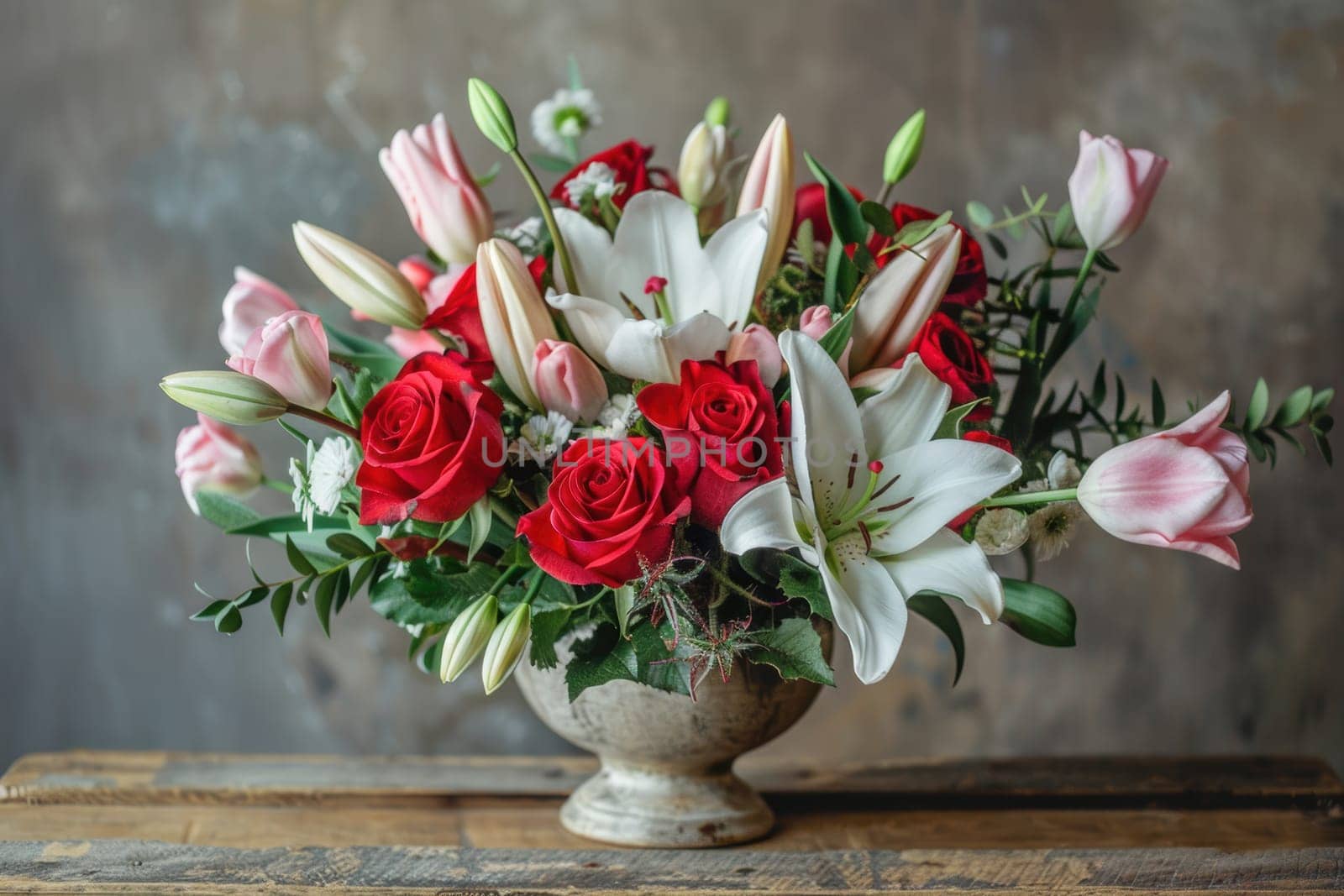 A stunning valentine's day flower arrangement featuring vibrant red roses, delicate pink tulips, and pure white lilies in an elegant vase. the display is set against a rustic wooden table, softly illuminated by natural light.