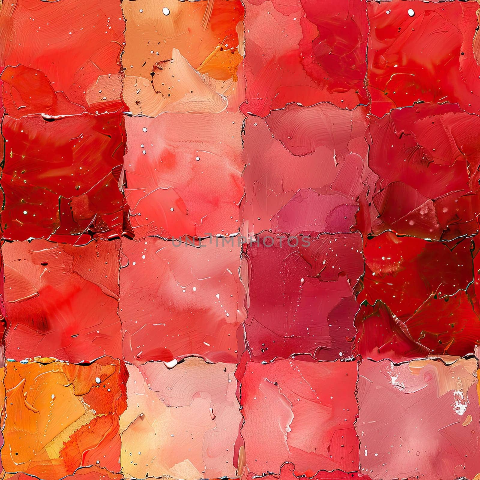 This artwork showcases a vibrant grid composed of squares in numerous shades of red, creating an abstract, textured surface that captivates the eye.