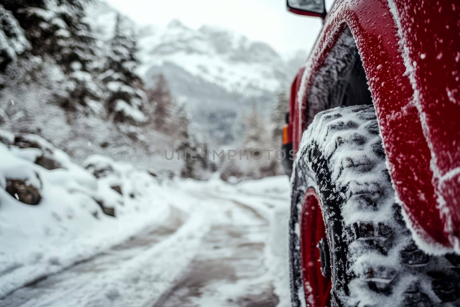 Close-up of off-road vehicle tires on snowy terrain, showcasing traction and ruggedness for extreme winter driving conditions..