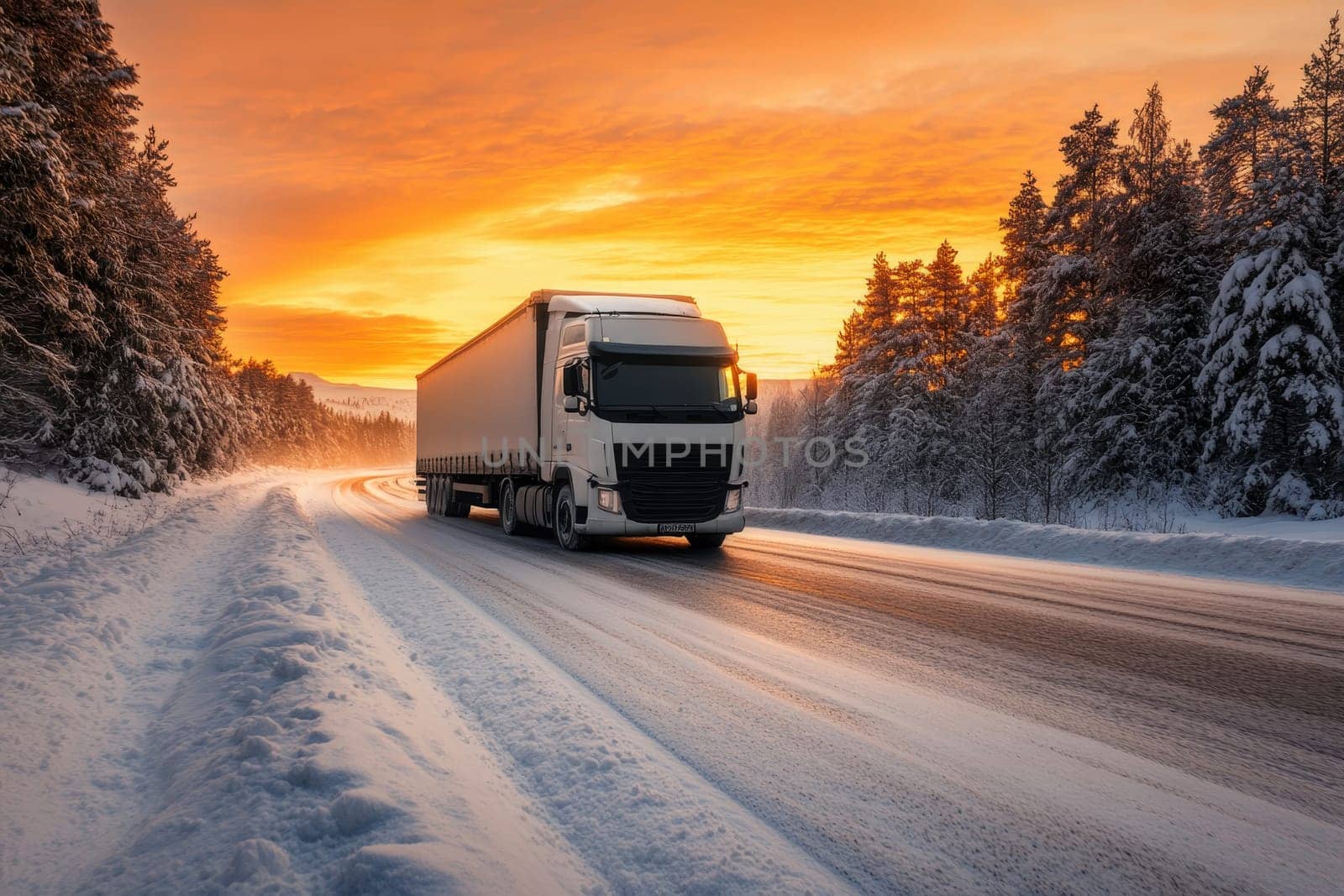 Large truck driving on a road in winter, snow covered landscape and sunset sky background.