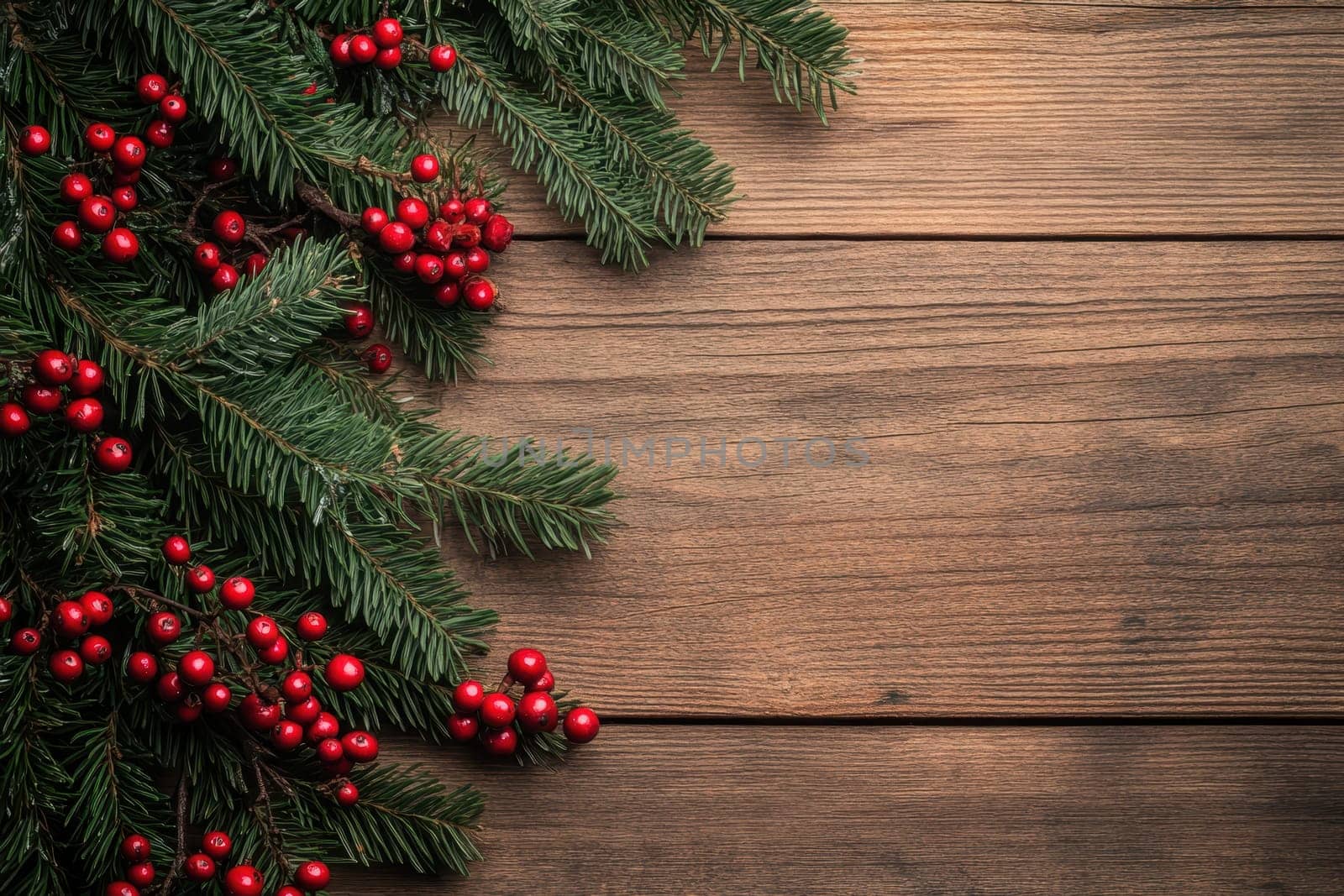 A rustic wooden background adorned with vibrant red berries and lush green leaves, perfect for seasonal decor..
