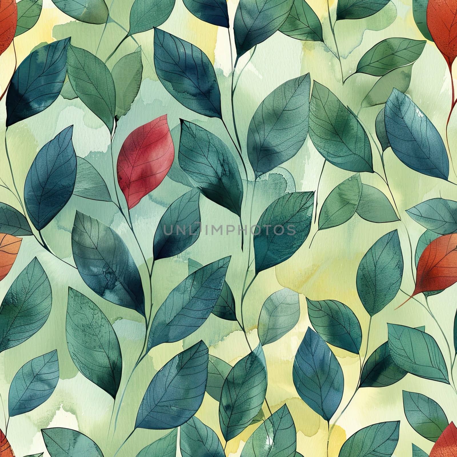 Vibrant leaves of various shapes and colors are arranged on a gentle, abstract watercolor backdrop.
