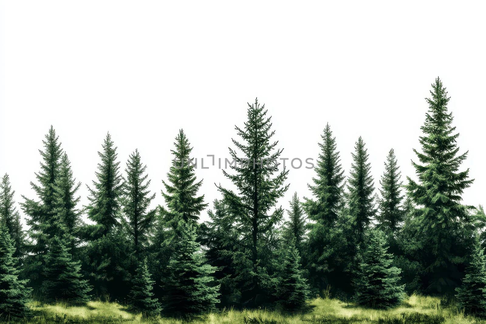 A group of lush evergreen pine trees with dense green foliage, standing tall and isolated against a white background..