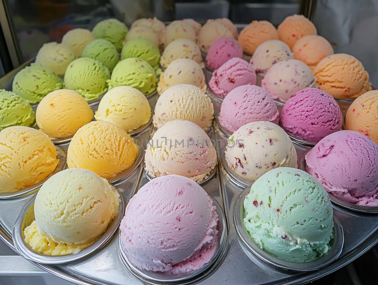 A vibrant array of various ice cream flavors sits in containers, showcasing pastel colors like pink, green, yellow, and purple in a shop during daylight.