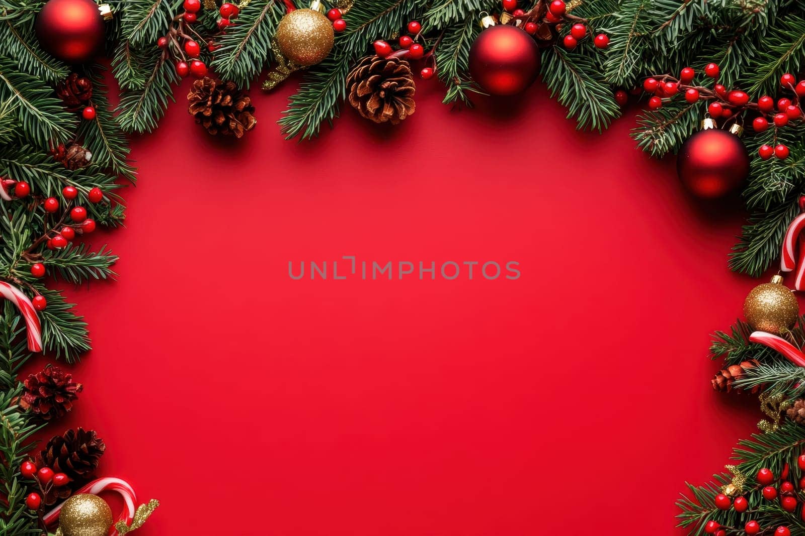 Christmas border composition with gift box , fir branches and red and gold christmas balls on a red background with copy space.