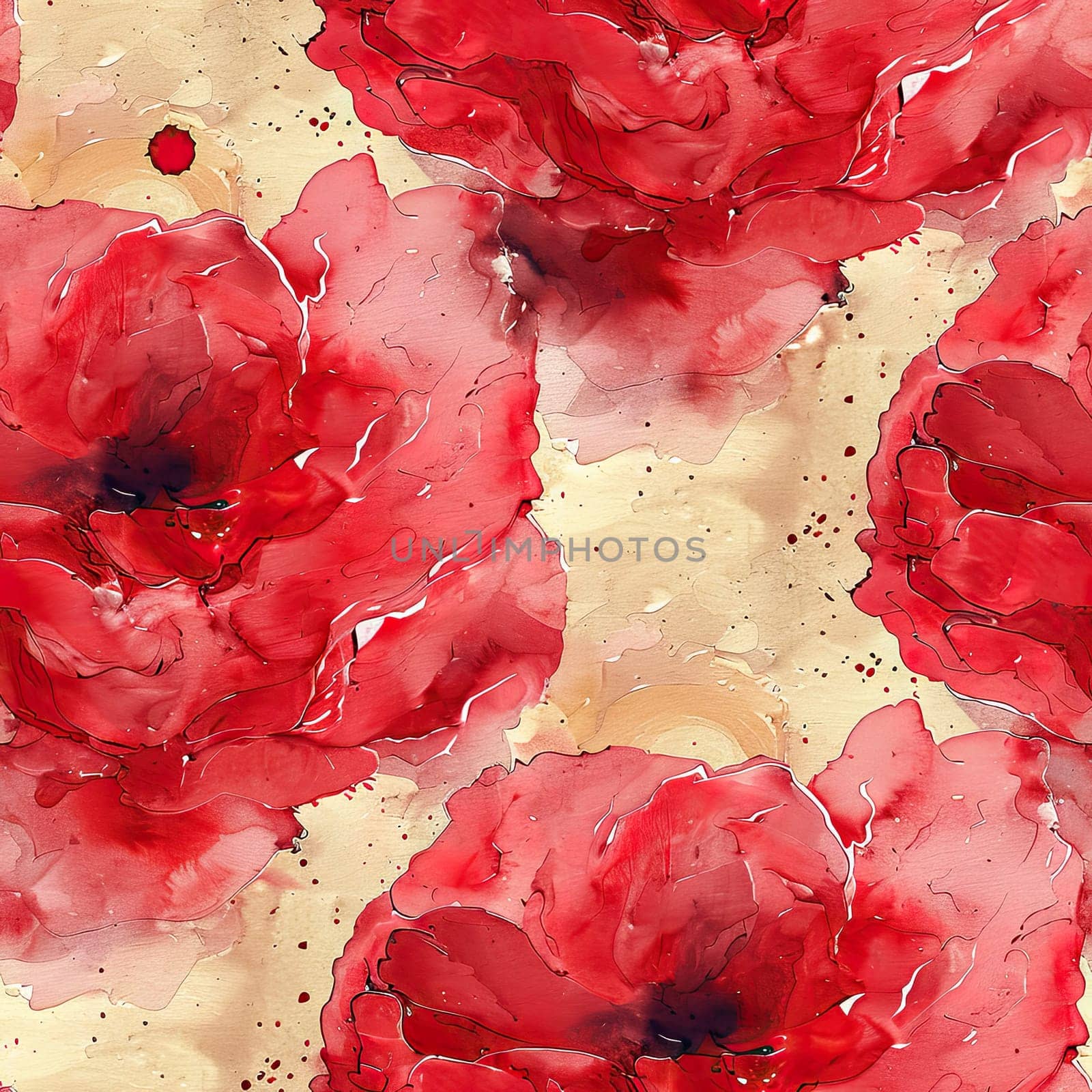 This artwork features striking red poppies rendered in watercolor, surrounded by a soft beige backdrop that enhances the floral design. The vibrant colors evoke a sense of nature and creativity.