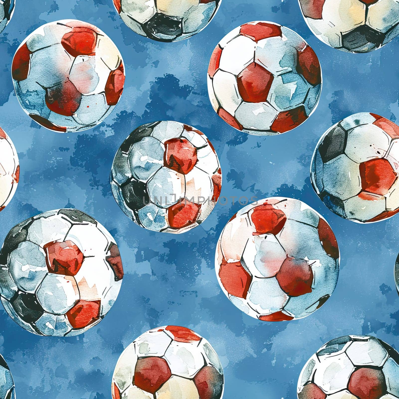 Soccer balls in various positions float on a vibrant blue backdrop, creating an energetic and playful atmosphere.