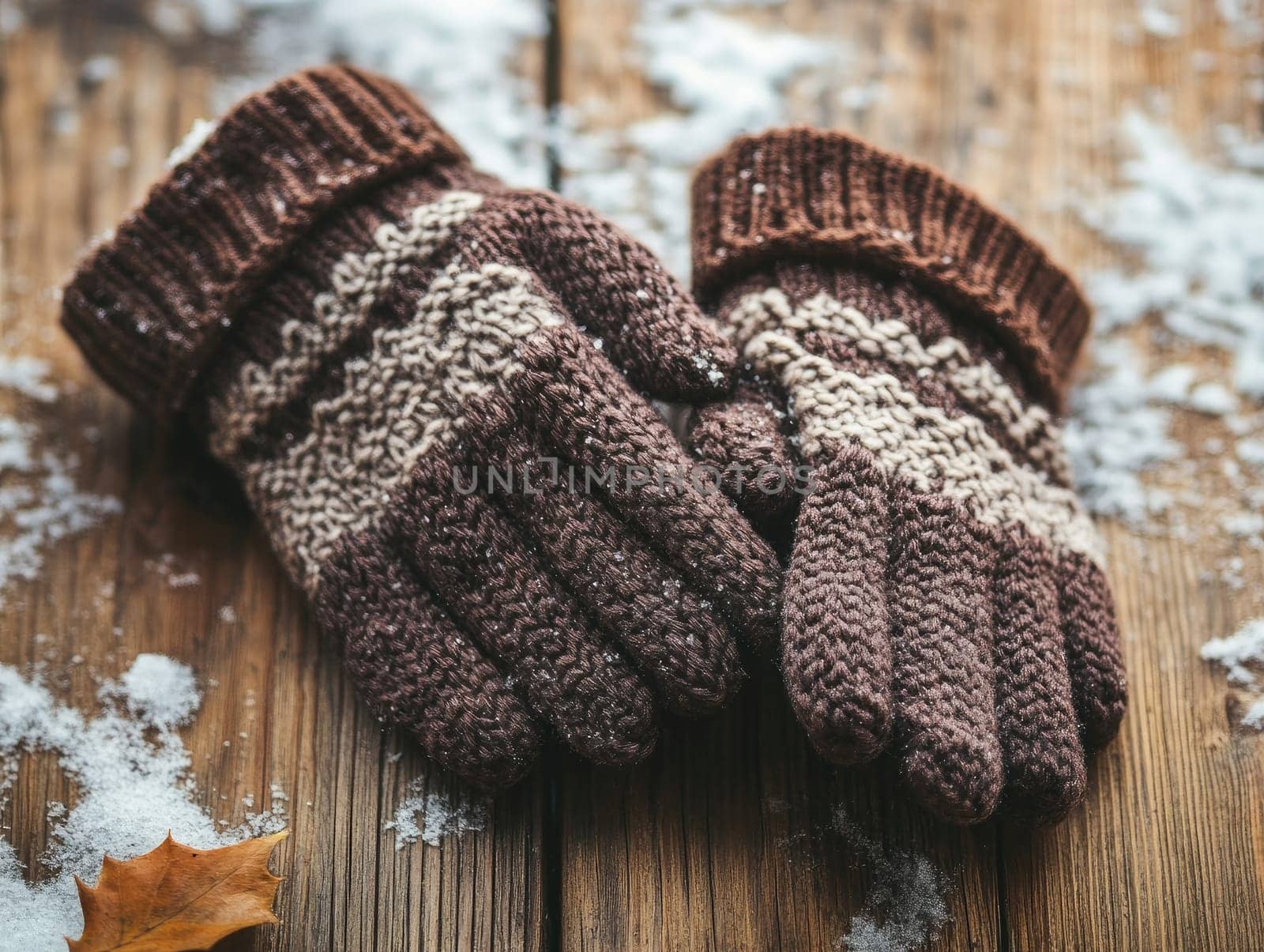 A pair of cozy, knitted gloves rests on a rustic wooden table, surrounded by soft snow and scattered autumn leaves, reflecting a serene winter atmosphere.
