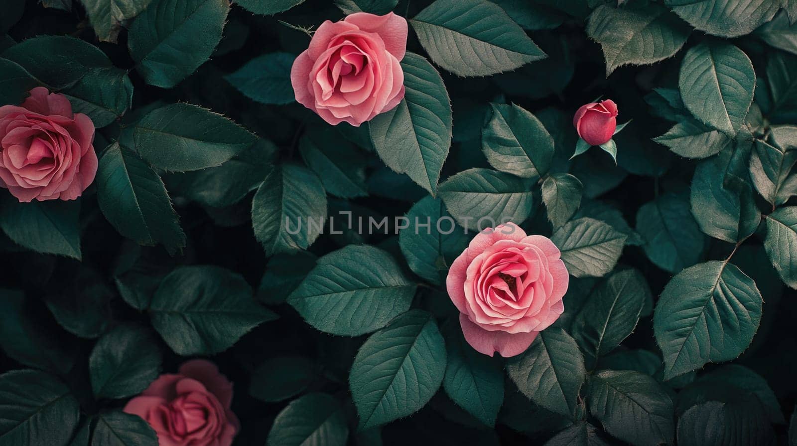 A cluster of vibrant pink roses showcases their delicate petals while surrounded by rich green foliage. This lively display captures the essence of spring in a peaceful garden setting.