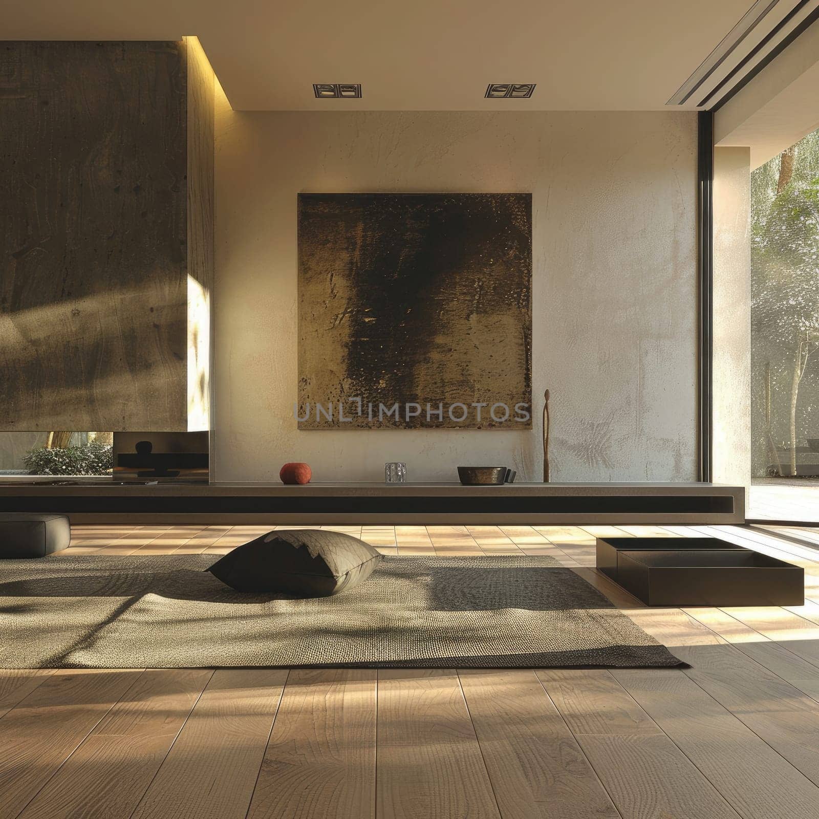 A serene living area showcases a minimalist design with natural light streaming in. The layout features wooden flooring, a large artwork, and soft furnishings, creating a calming atmosphere.