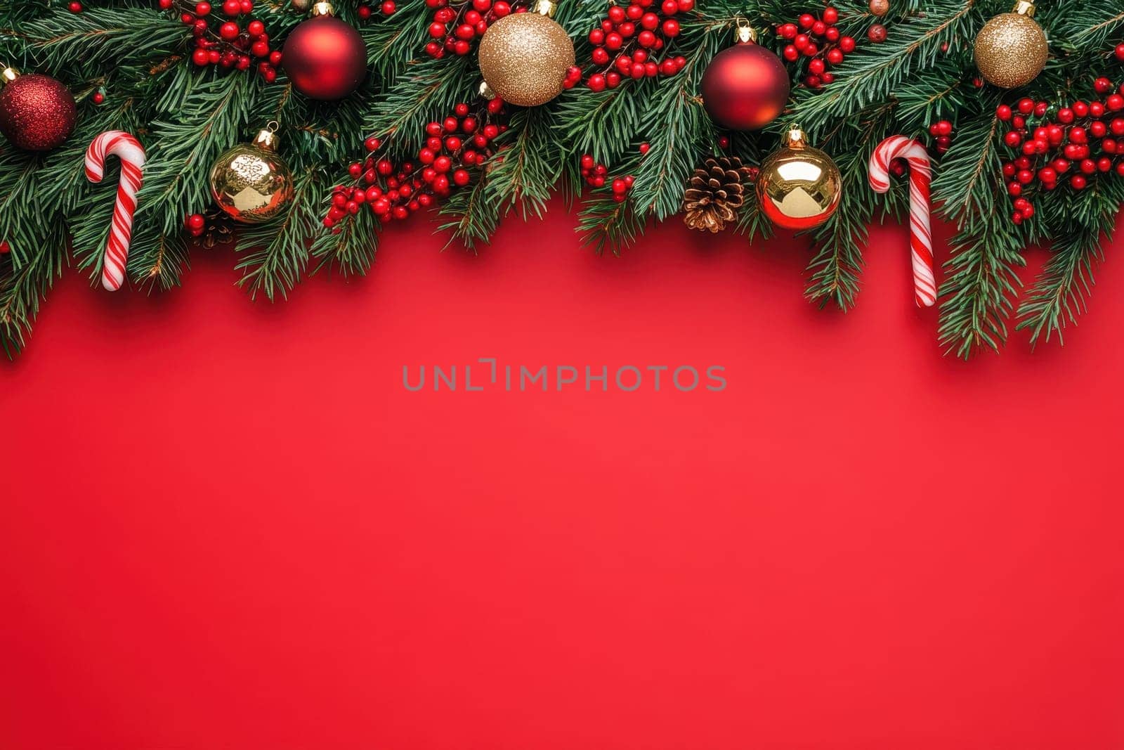 Christmas border composition with gift box , fir branches and red and gold christmas balls on a red background with copy space.