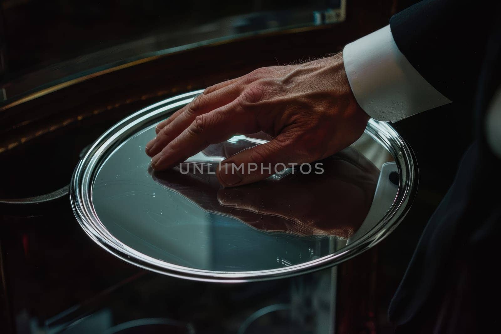 A hand meticulously polishes a reflective mirror, symbolizing the importance of maintaining a clear and pristine business reputation. captured in high detail photorealism, soft lighting enhances the serene setting.