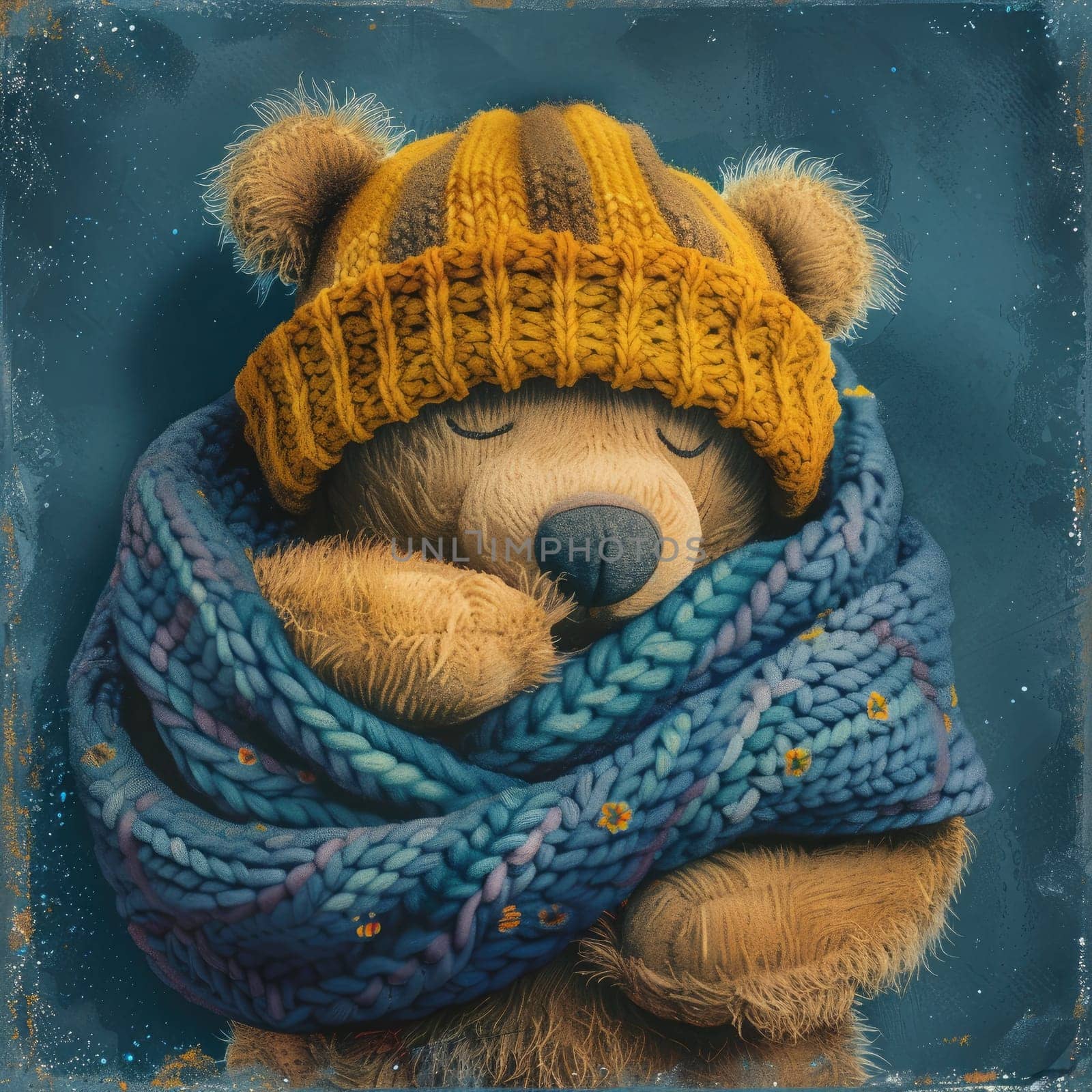 A fluffy bear, wearing a colorful knitted hat and a thick scarf, is snuggled up and appears to be content in a winter setting, evoking warmth and comfort.