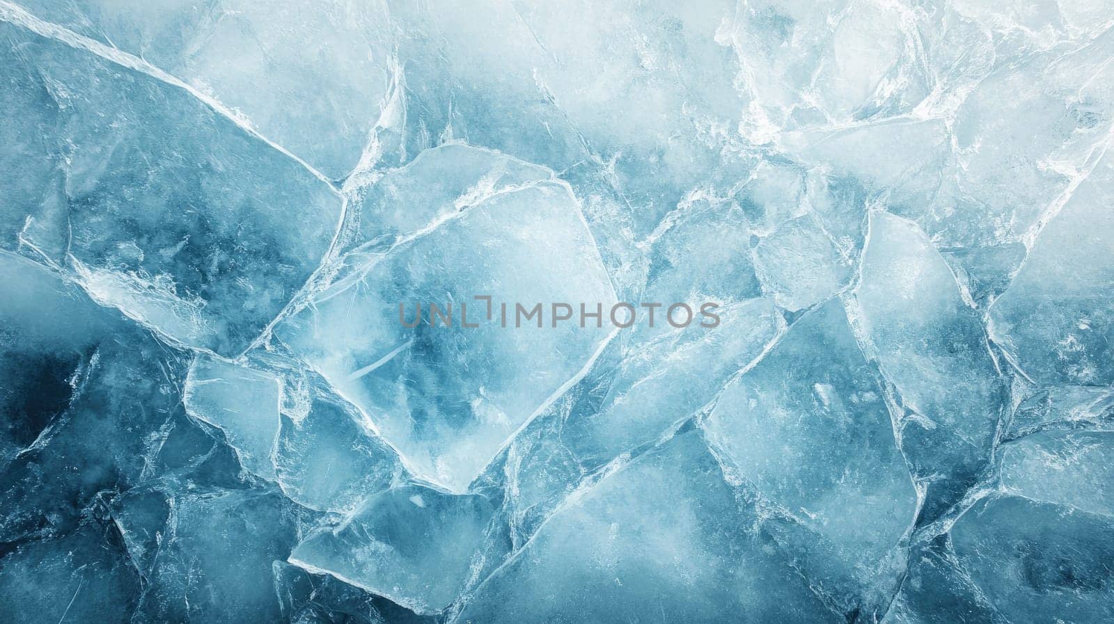 The composition showcases various irregularly shaped ice chunks, reflecting light and creating an intriguing visual texture in a serene, cool setting.