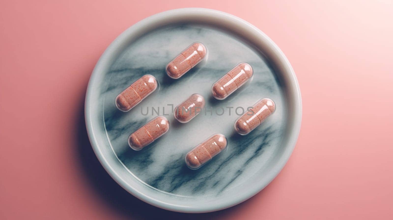 Seven pink vitamins elegantly arranged on a smooth round marble surface against a soft pink background