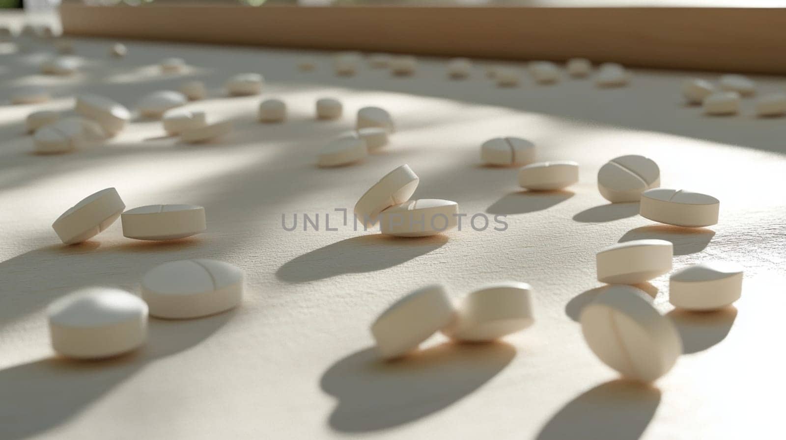 White pills scattered on beige surface with shadows, symbolizing healthcare and medication. Pills, medicine, healthcare, addiction, dosage, side effects