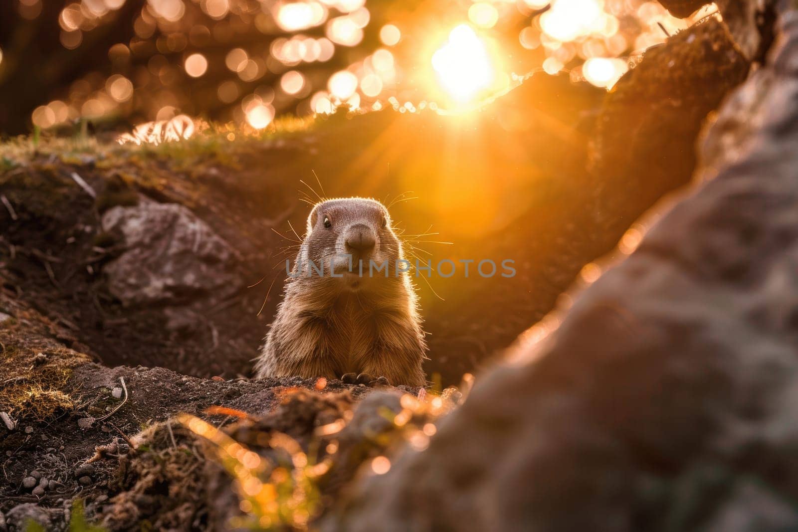 A groundhog emerges from its burrow at dawn, warmly illuminated by the first rays of sunlight. this serene, natural scene is perfect for nature-focused designs or environmental themes, emphasizing tranquility and early morning beauty.