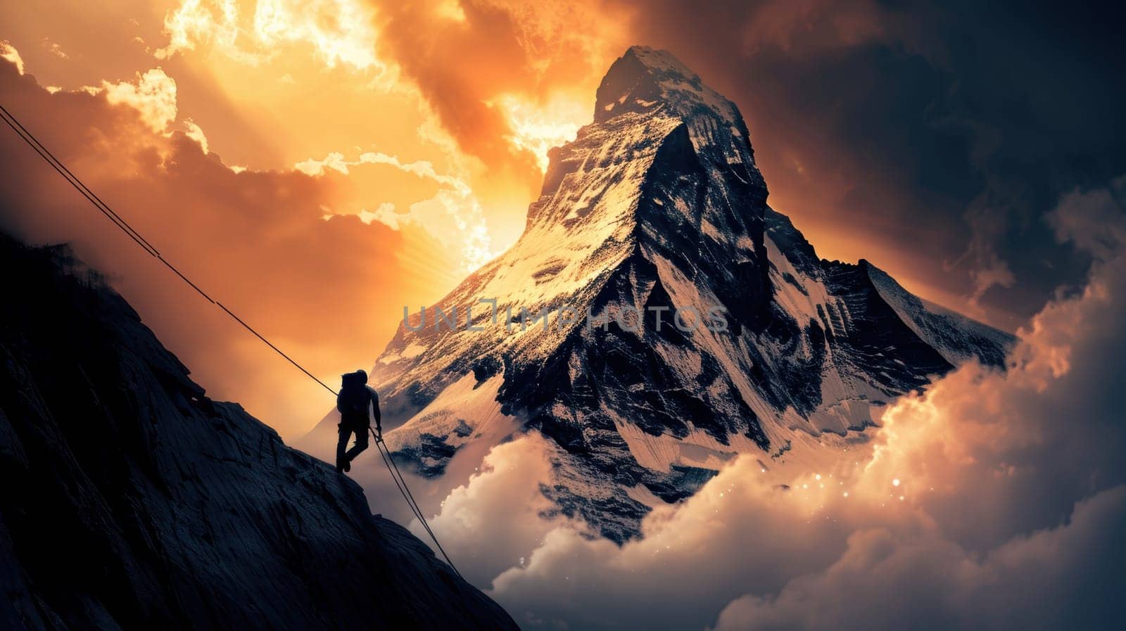 A determined businessman scales a rope against a majestic mountain backdrop, symbolizing ambition and perseverance. the dramatic lighting and dynamic composition emphasize the journey toward reaching personal and professional goals.