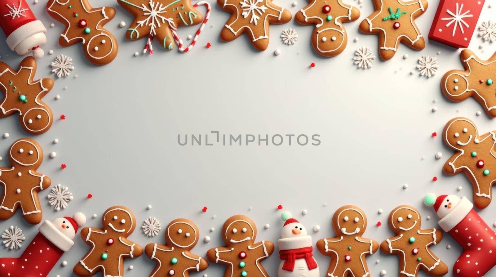 Christmas gingerbread cookies and candy canes making a frame with copy space on a light background