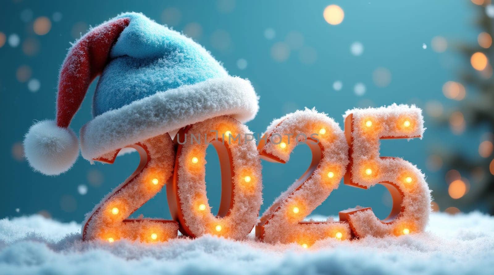 2025 new year sign with glowing lights is standing in snow and wearing a santa hat against a festive backdrop