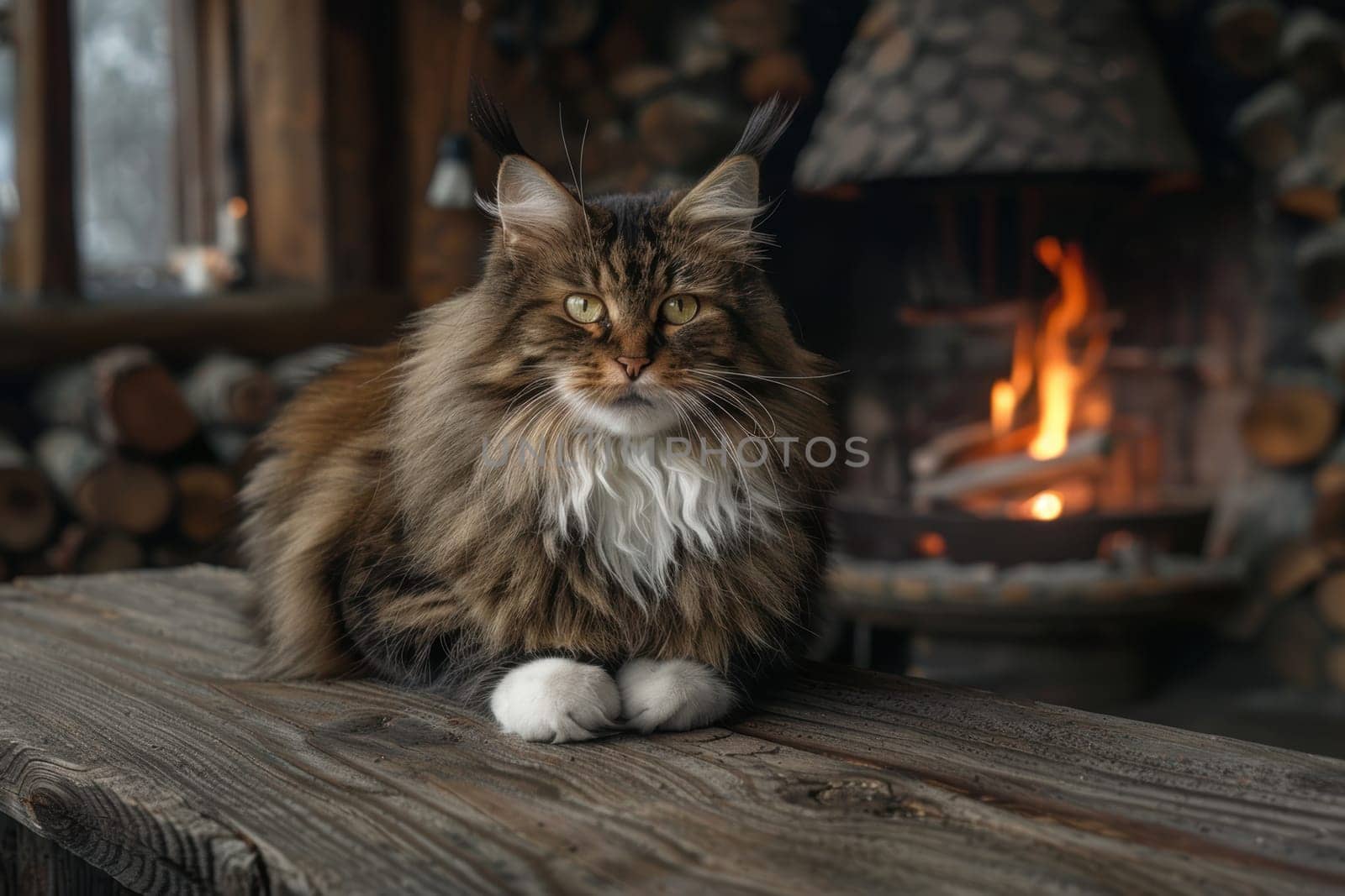 A norwegian forest cat poses majestically on a rustic wooden table within a warm cabin. its thick fur and intense gaze add to the cozy ambiance, enhanced by the soft glow of a crackling fireplace in the background.