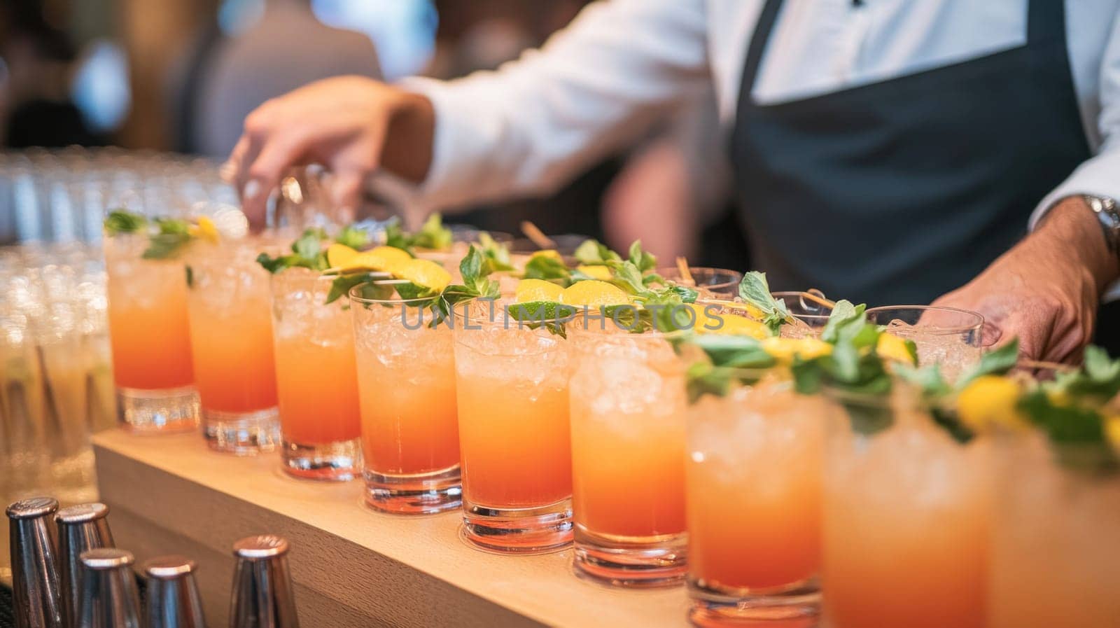 Bartender is lining up a series of cocktails decorated with mint and lemon for a party
