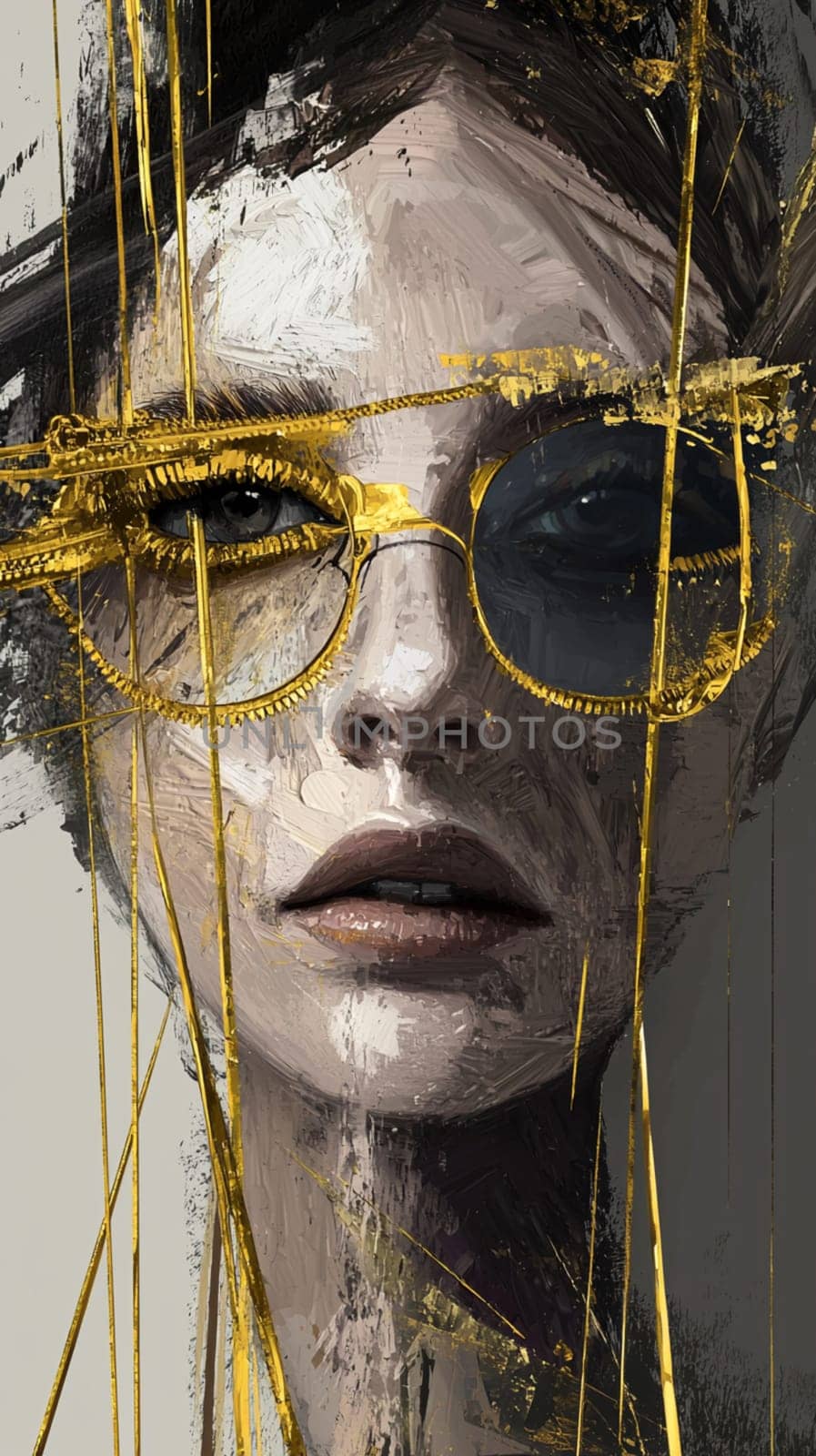 Stunning woman with intricate gold paint on her face wears chic round sunglasses, exuding luxury and glamour