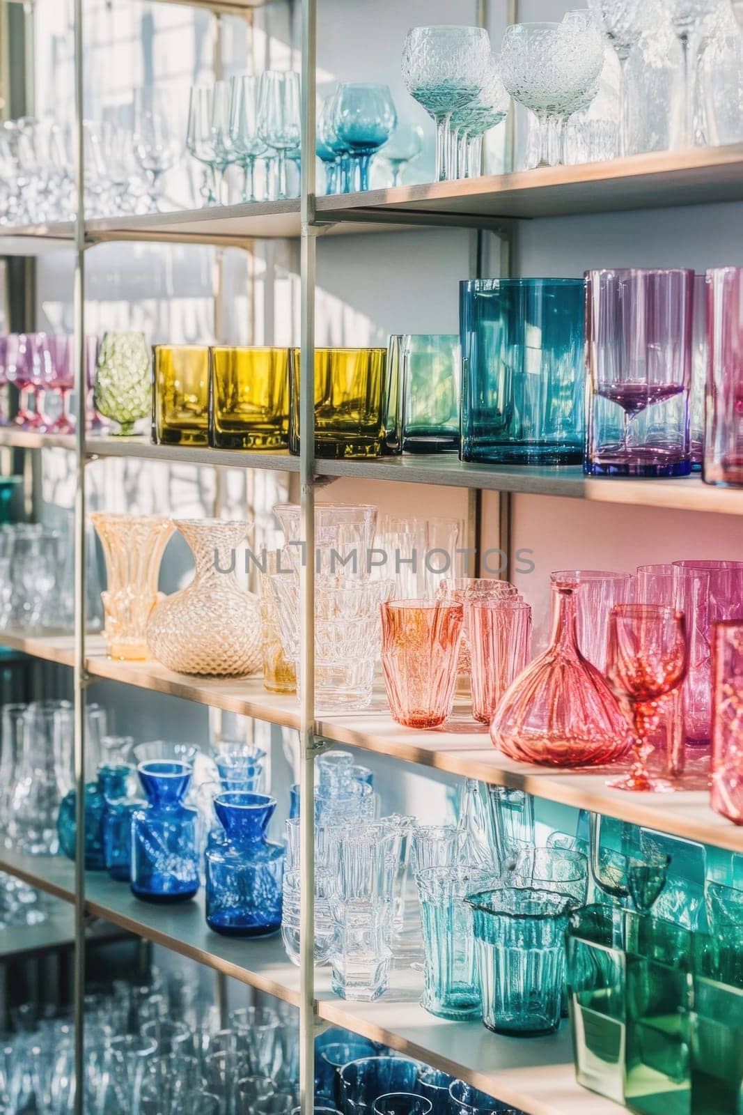 Glassware in a variety of colors and styles are neatly arranged on glass shelves, creating a vibrant and modern display