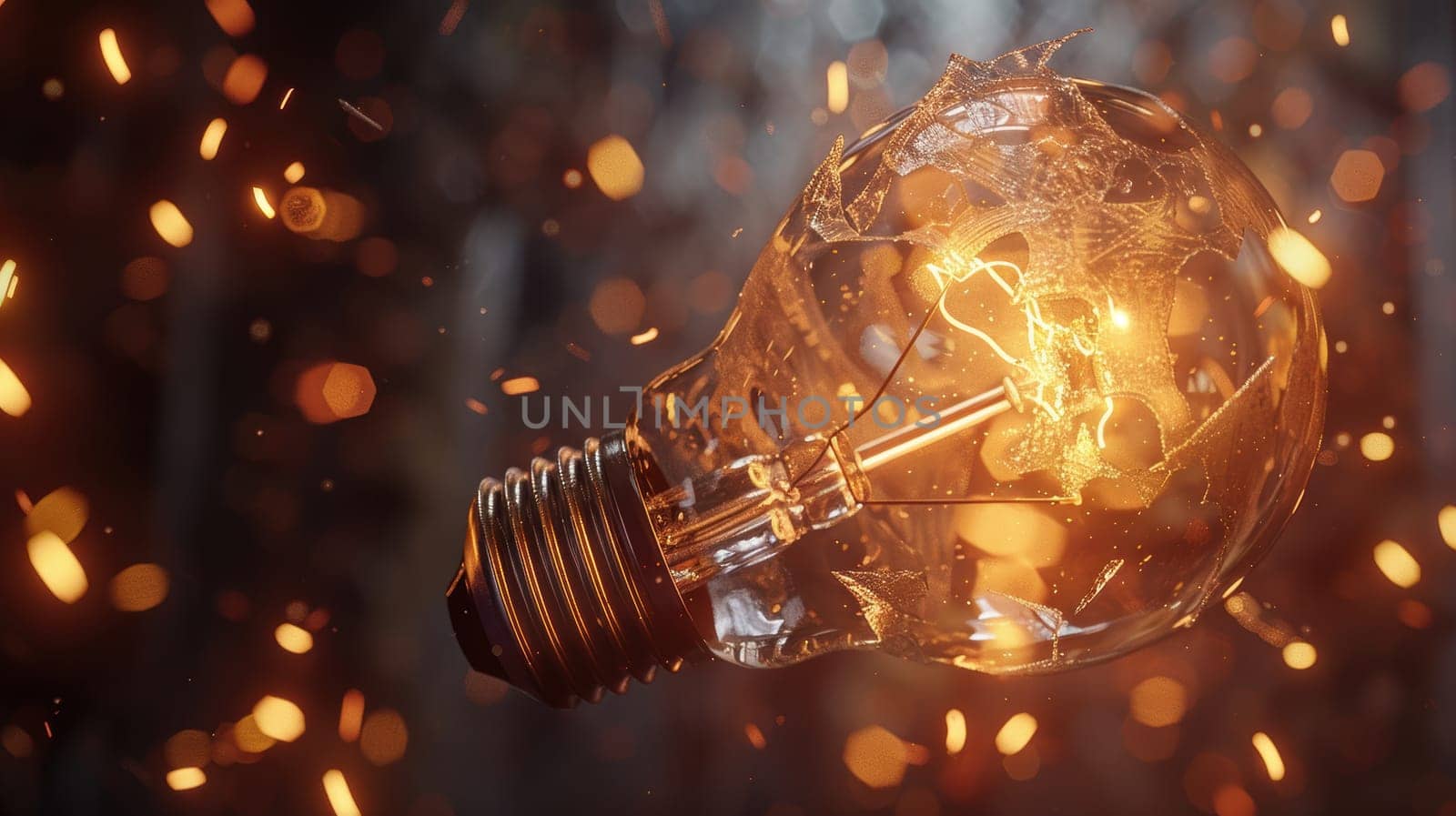 A high-detail image of a light bulb breaking open, illuminating the scene with a burst of glowing ideas. the shattered glass symbolizes the unleashing of creativity and innovation vital for business concepts and development.