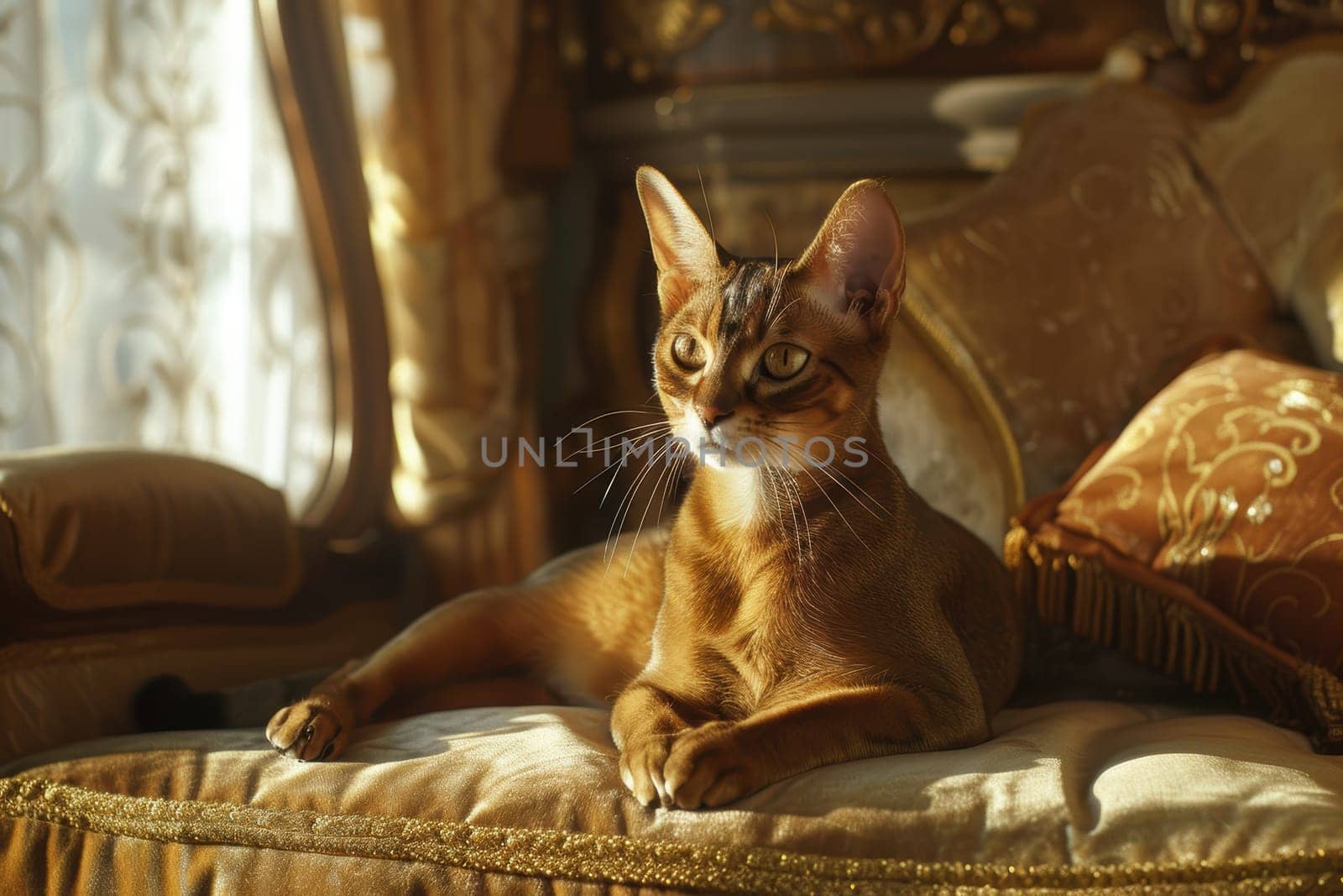 Sleek abyssinian cat lounging gracefully on an opulent velvet armchair in a richly decorated living room. warm natural light highlights the feline’s sharp features, enhancing the ambiance of luxury and tranquility.
