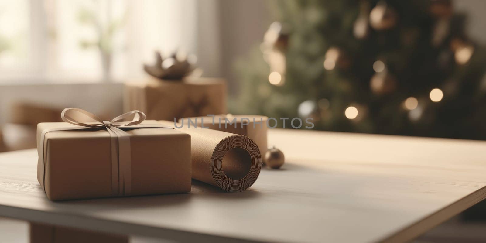 Minimalistic gift wrapping scene with elegant table and decor for holiday preparations.