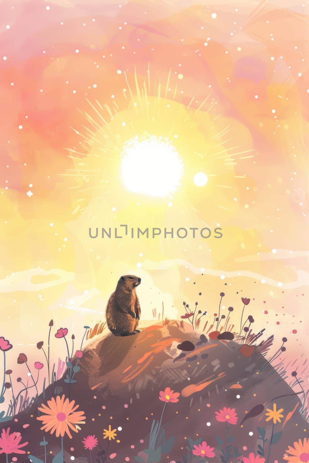 Groundhog day card illustration featuring a groundhog on a hill under a vivid sunrise. the scene uses soft pastel tones with scattered flowers, providing ample space for text placement at the top, perfect for seasonal greetings.