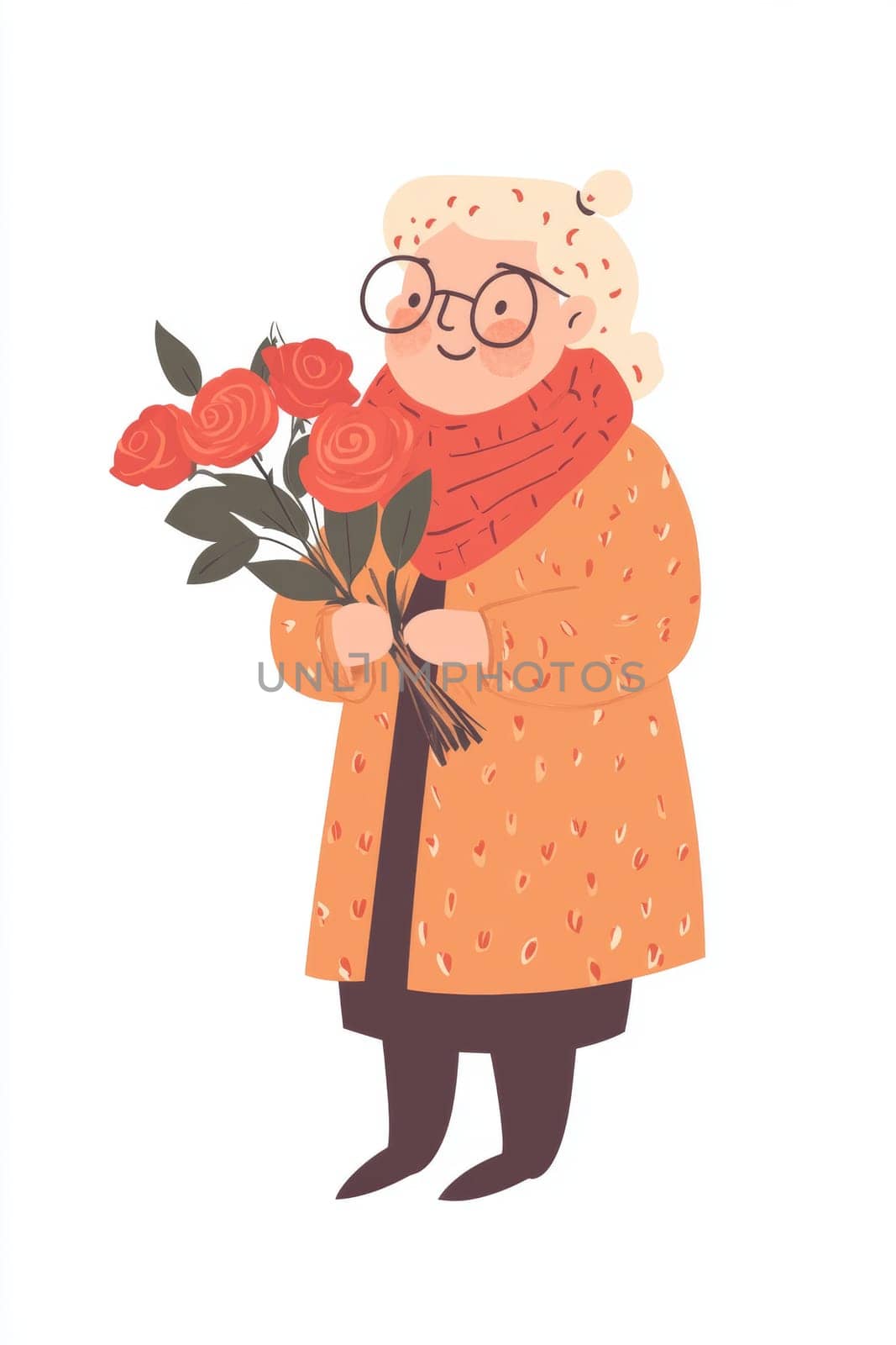 An elderly woman with a bouquet of flowers on a white background. High quality photo