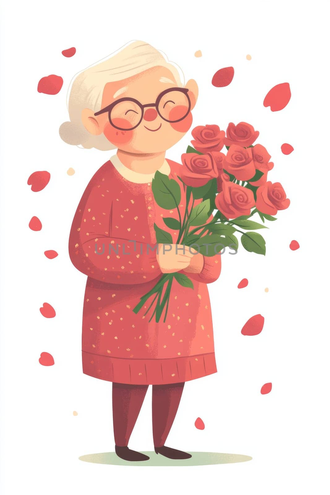 An elderly woman with a bouquet of flowers on a white background. High quality photo
