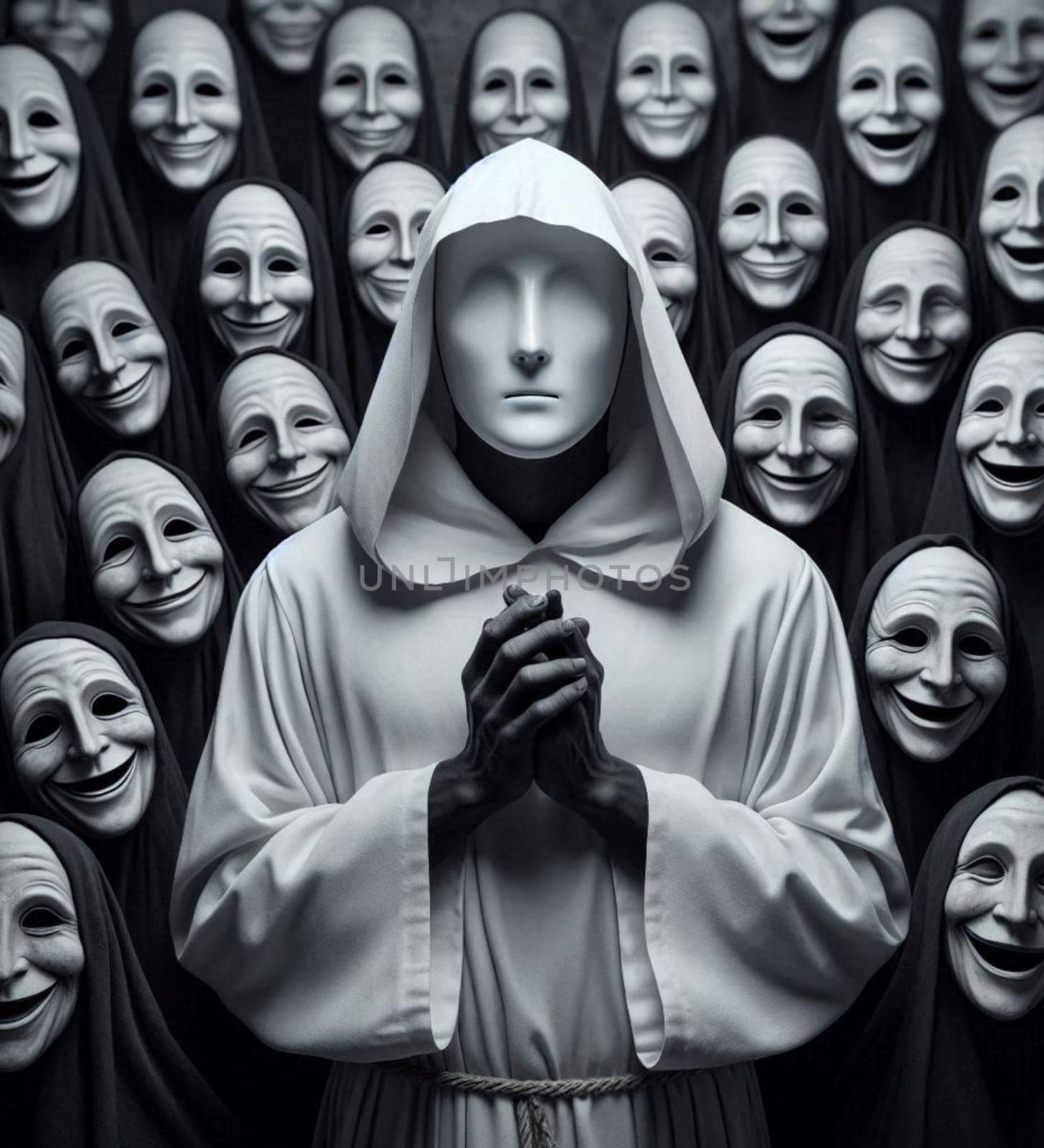A man is standing in front of a crowd of people, all of whom are smiling. The man is wearing a hooded robe and a mask, and he is the center of attention. The scene is cheerful and lighthearted