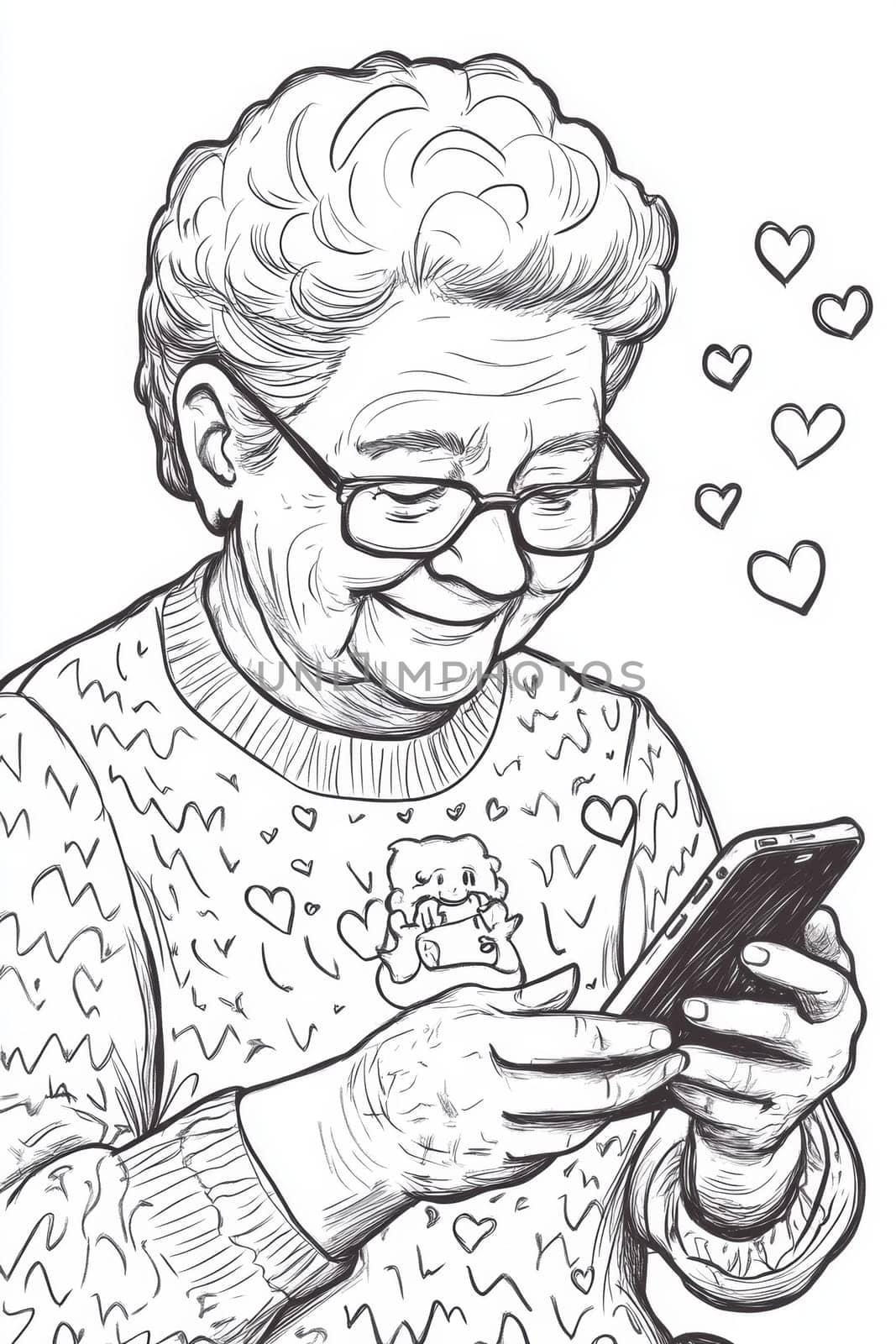 An elderly woman with a phone in her hands on a white background. High quality photo