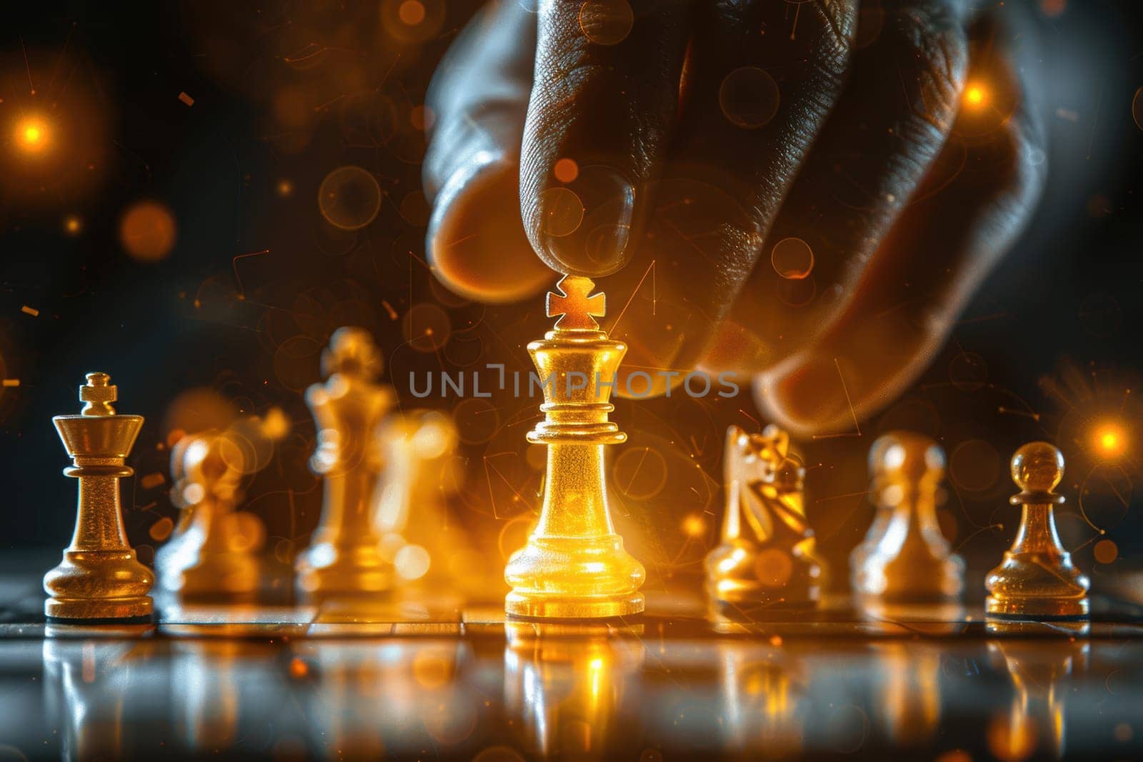 A detailed depiction of strategic planning in business, featuring a hand holding a glowing chess piece on a board. the soft, natural lighting adds realism and focus, symbolizing thoughtful decision-making.