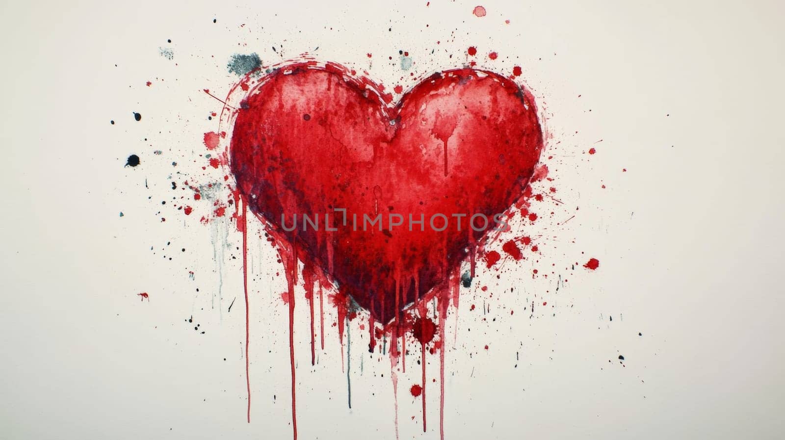 Heart drawn with red paint, splashes and drops of red paint on paper. High quality photo