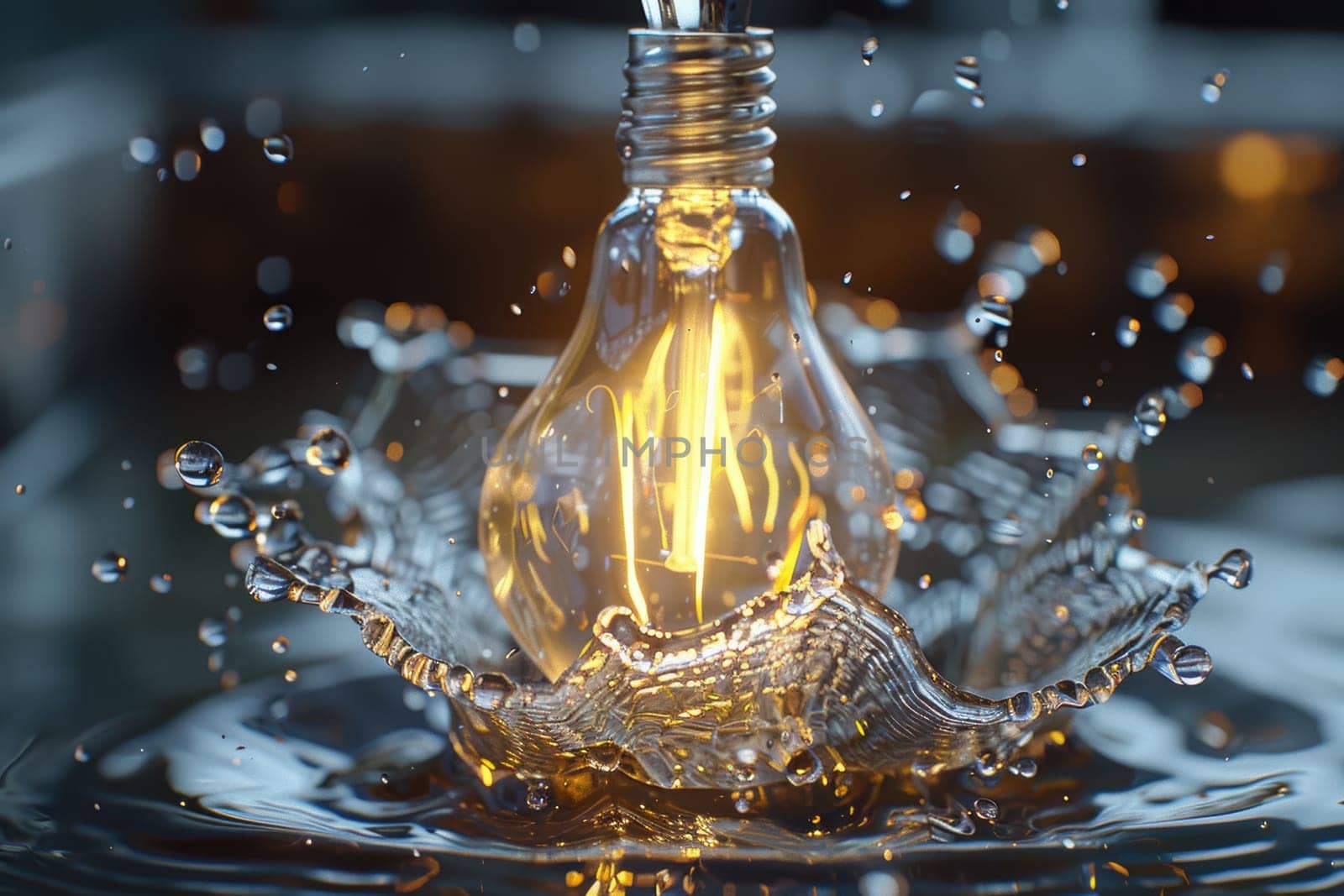 Water pours into a light bulb-shaped mold, symbolizing the flexibility of creativity and innovation in business. the high-detail, photorealistic image features dramatic lighting, capturing dynamic movement.