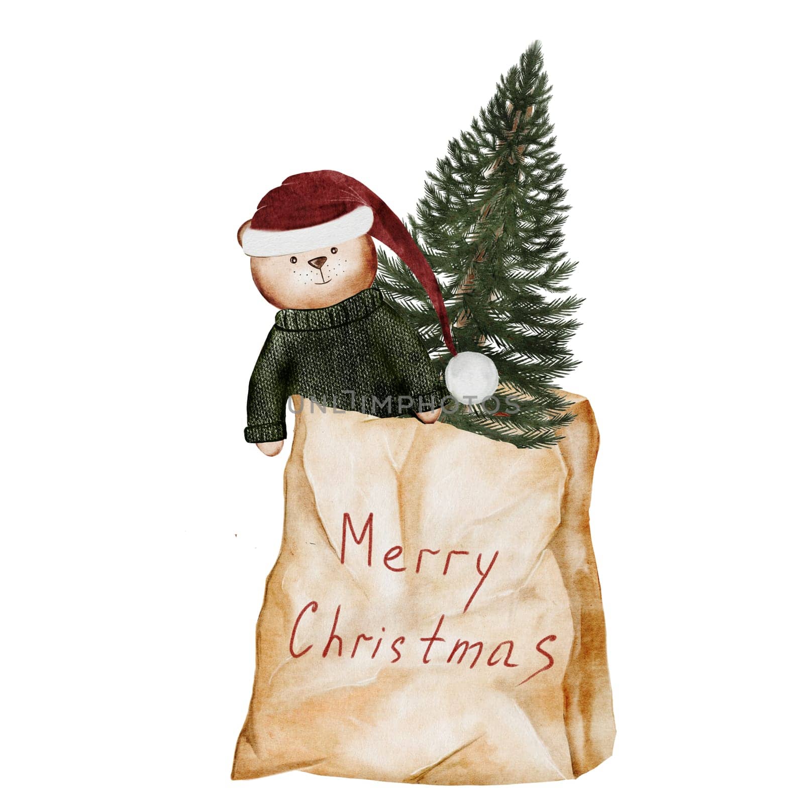 Christmas tree in a craft bag. Evergreen plant with a teddy bear in paper packaging on a white background. Ideal for New Year and Christmas cards and posters. High quality photo
