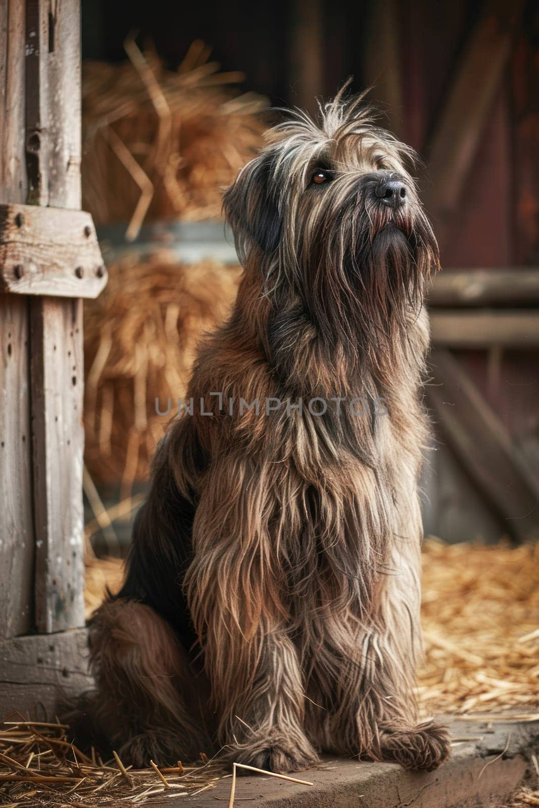 A briard dog with a long, shaggy coat sits in a rustic barn, surrounded by straw bales and wooden textures. soft natural lighting accentuates the dog's rugged, yet elegant appearance, creating a cozy and warm atmosphere.