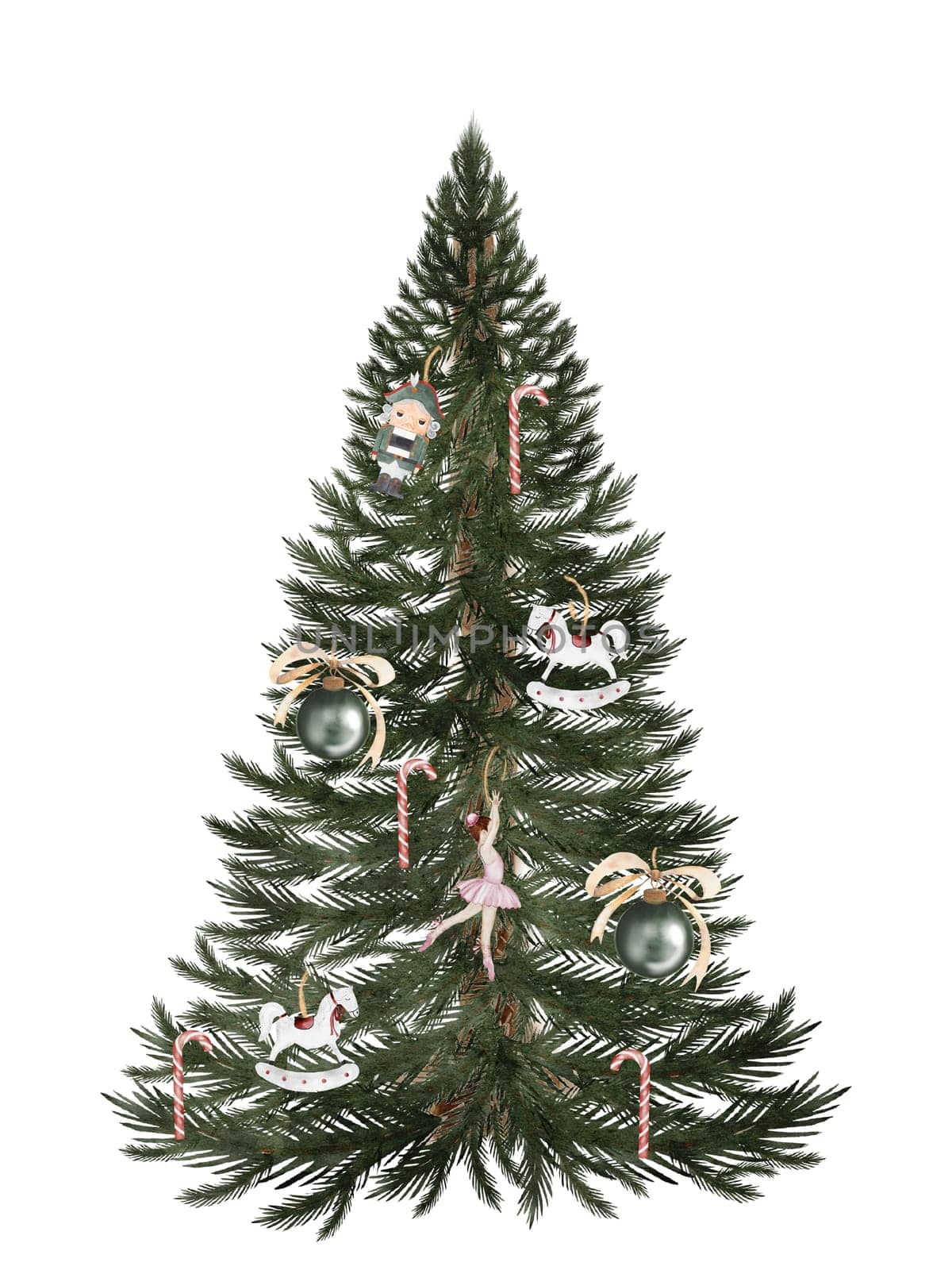 Christmas card watercolor. Hand drawn vintage evergreen tree with with vintage toys, a nutcracker, a ballerina and a horse isolated on white background. Clip art of Christmas and New Year symbol. Ideal for greeting cards, posters and home crafts design. High quality illustration