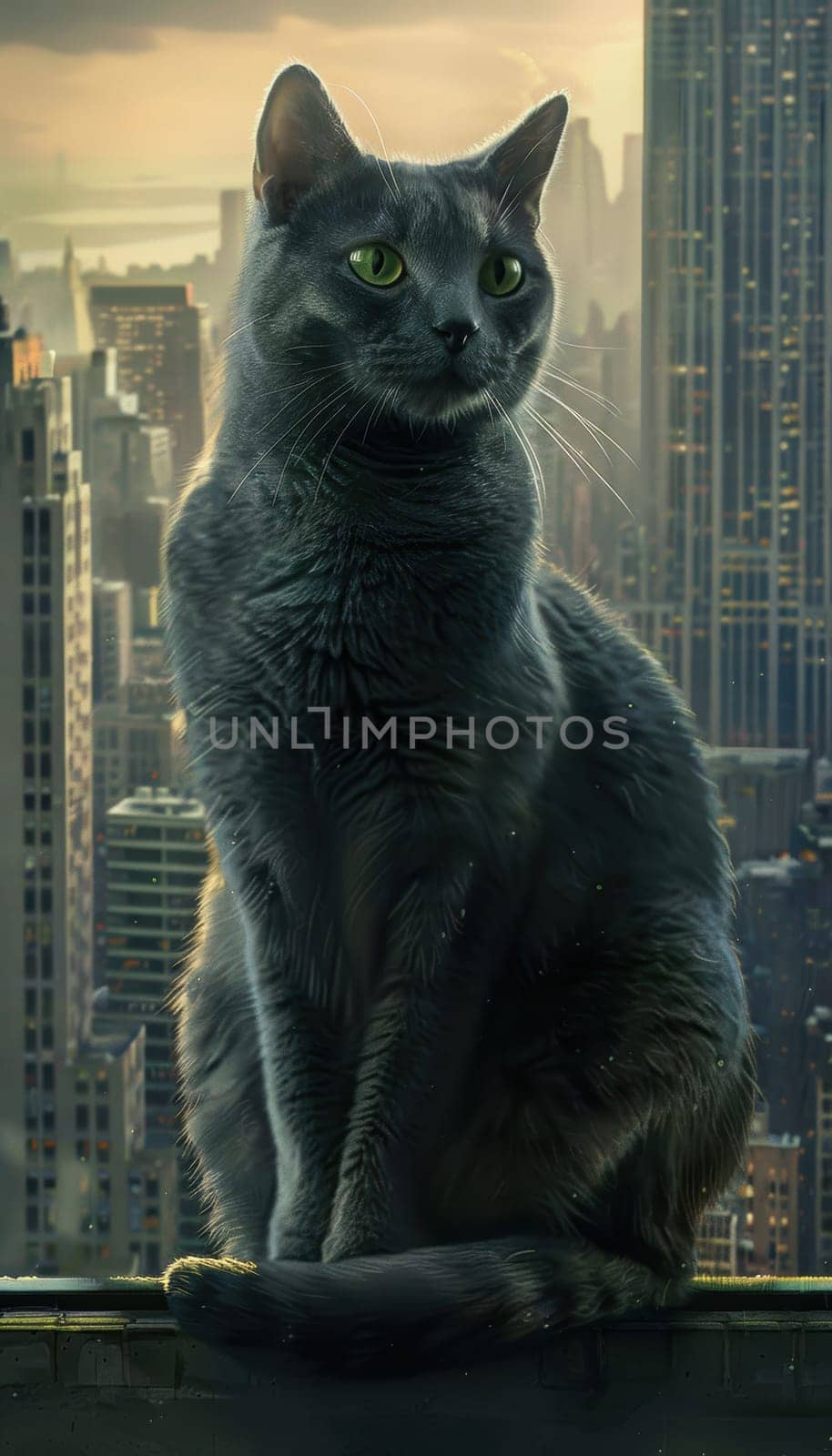 Russian blue cat sits gracefully on a windowsill, its sleek fur and vivid green eyes highlighted against a softly blurred city skyline, creating an atmosphere of serene elegance and urban charm.