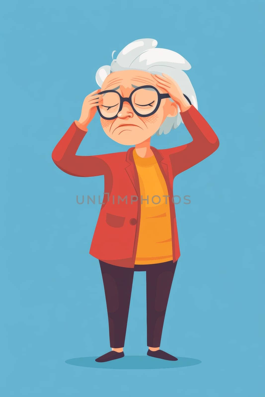 Gray-haired old woman, holding her head, suffering from headache. Sad pensioner in a burgundy sweater on a blue background. High quality photo