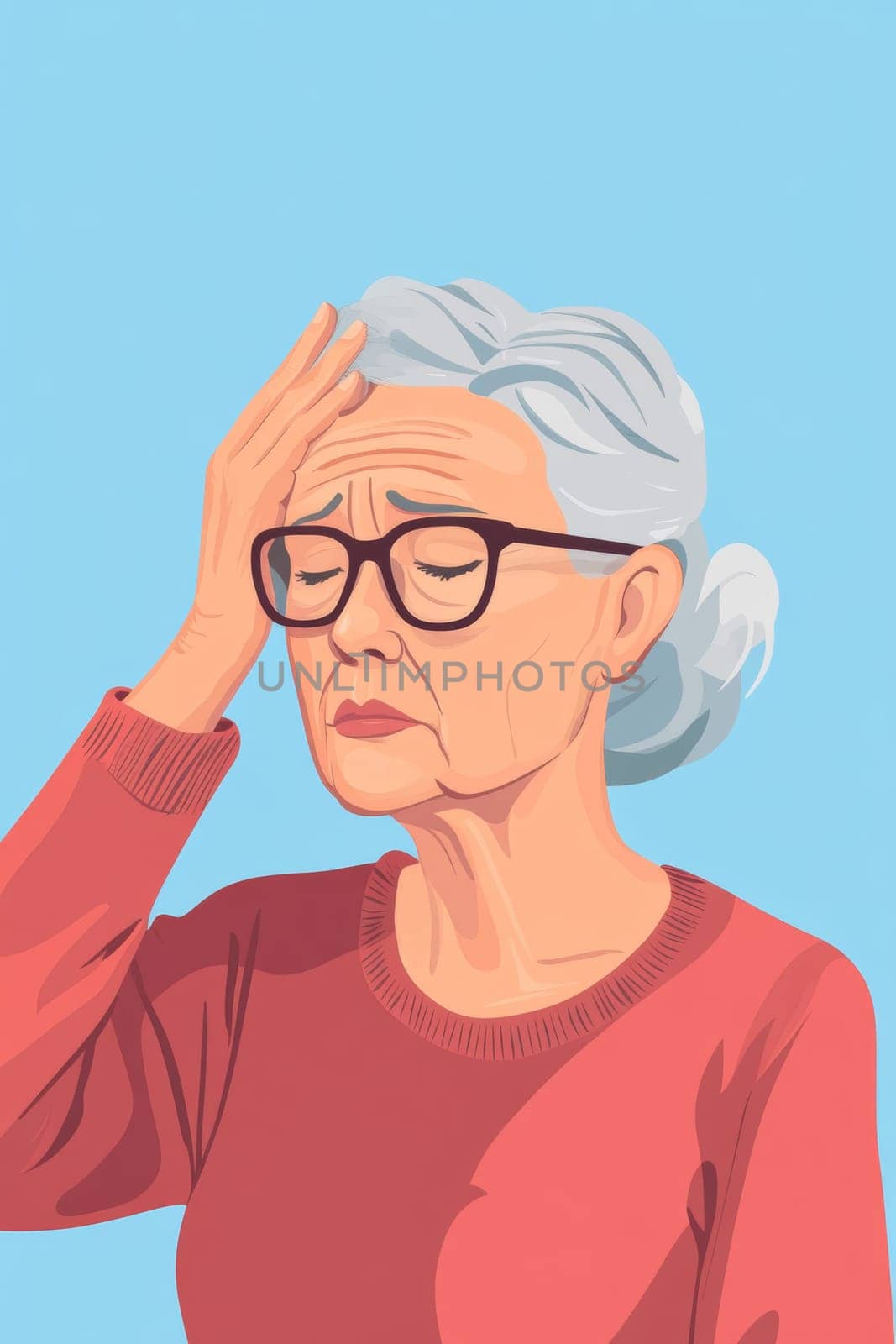 Gray-haired old woman, holding her head, suffering from headache. Sad pensioner in a burgundy sweater on a blue background. High quality photo