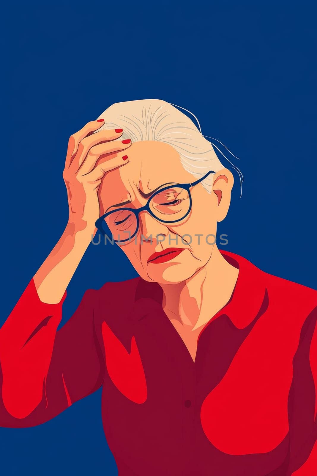 Gray-haired old woman, holding her head, suffering from headache. Sad pensioner in a burgundy sweater on a blue background. High quality photo