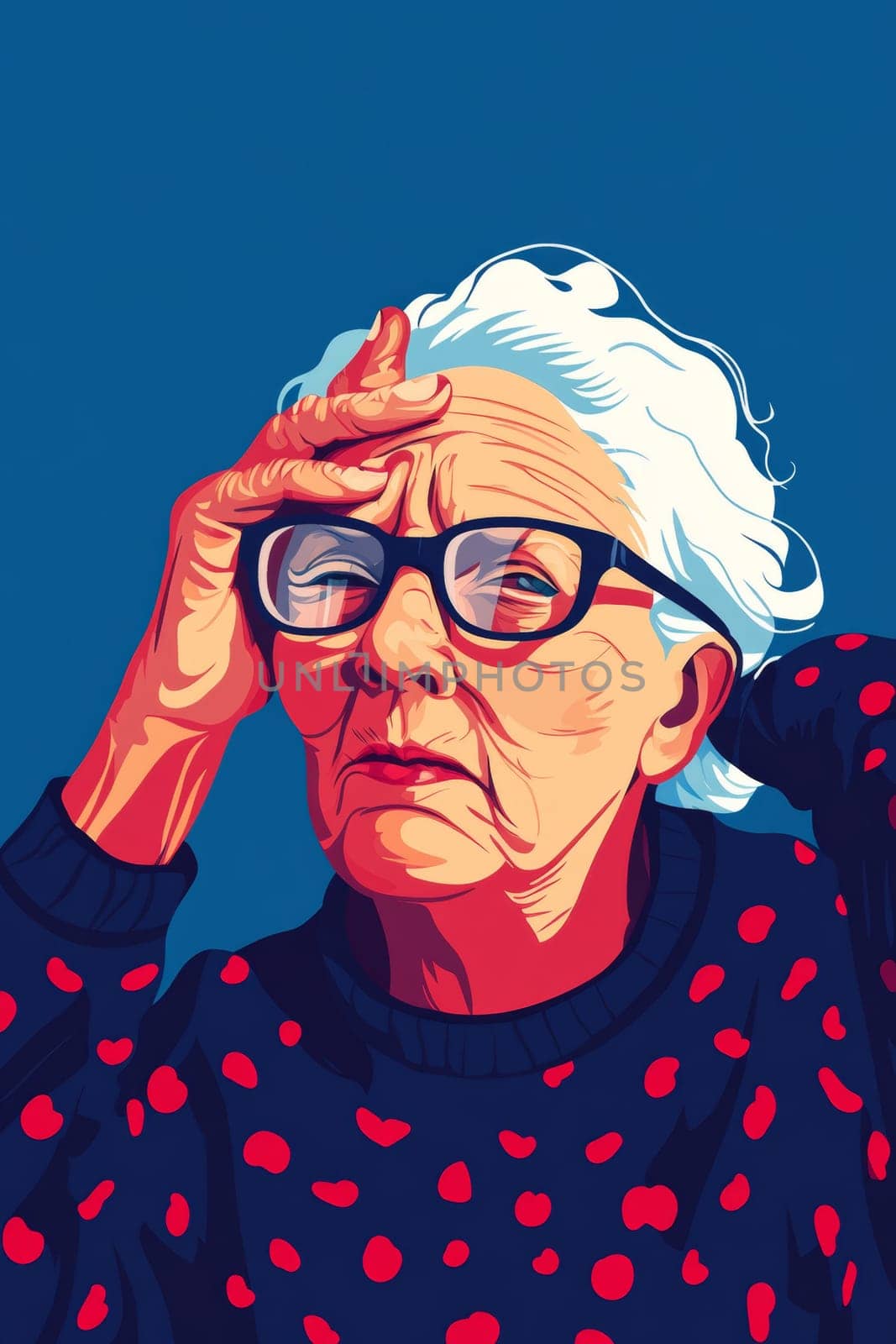 Gray-haired old woman, holding her head, suffering from headache. Sad pensioner in a burgundy sweater on a blue background. High quality photo