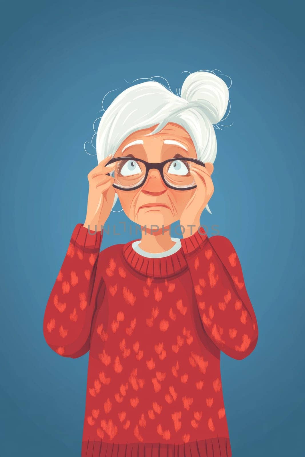 Gray-haired old woman, holding her head, suffering from headache. Sad pensioner in a burgundy sweater on a blue background. High quality photo