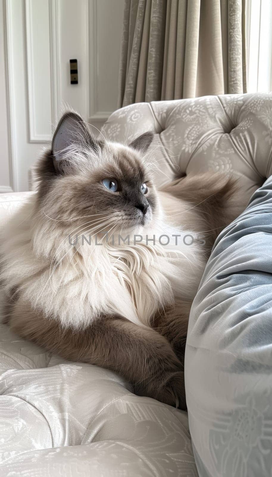 A fluffy ragdoll cat lounges gracefully on a plush cushion within an opulent, softly lit living room. the serene atmosphere and elegant decor make this setting perfect for showcasing high-end pet products and luxurious home designs.